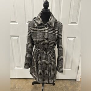 CALVIN KLEIN Vintage  Gray Plaid WOOL BLEND HOODED TRENCH COAT SIZE S